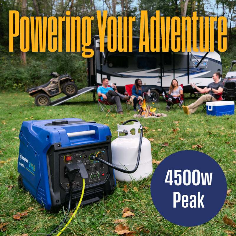 Westinghouse | iGen4500DFcv dual fuel portable inverter generator with co sensor shown sitting in the grass with a propane tank hooked up to it with people and a camper and 4-wheeler in the background with words on the image that say: powering your adventure 4500 peak watt