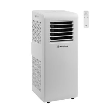 Westinghouse | WPac8000 Portable Air Conditioner shown at an angle on a white background with its remote