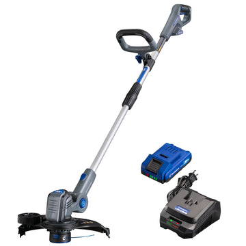 String trimmer and edger and 2 Ah battery and charger on a white background