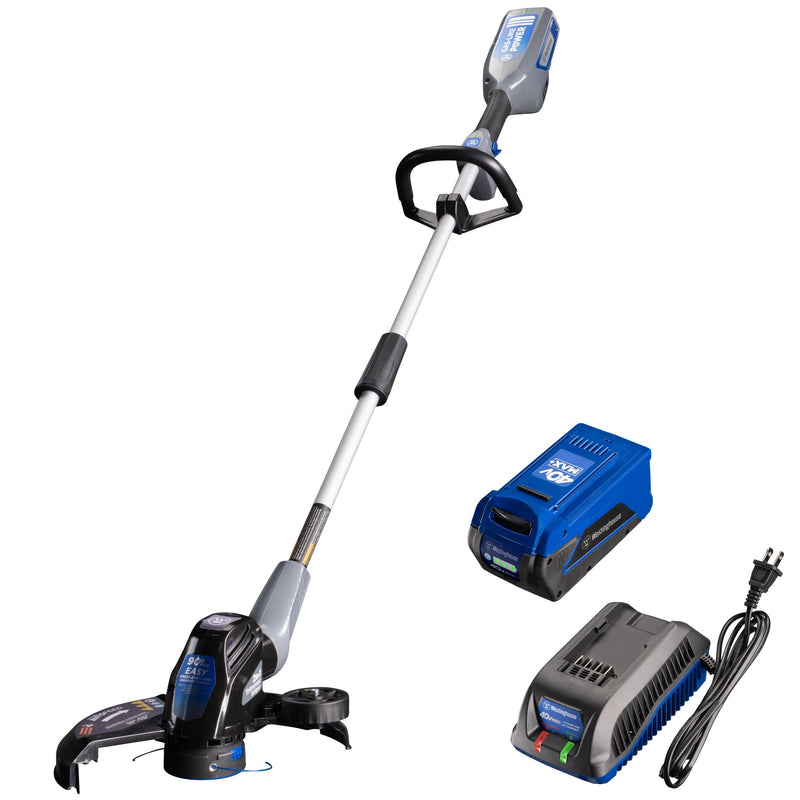 String trimmer and edger and battery and charger on a white background
