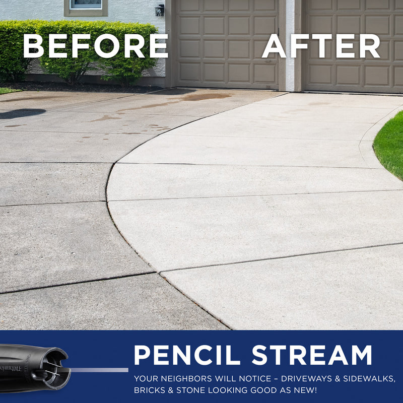 Westinghouse | ePX2000 pressure washer. Driveway shown the before on the left as dirty and after on the right as clean and a blue bar at the bottom reads: pencil stream your neighbors will notice - driveways and sidewalks, bricks and stones looking good as new