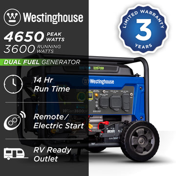 Westinghouse | WGen3600DF portable generator shown on a white background with text reading: 4650 peak watts, 3600 running watts, 3 year limited warranty, dual fuel gas/LPG, 14 hour run time, remote/electric start, RV ready outlet.