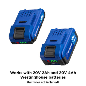 Westinghouse 20V 2 amp hour and 4 amp hour lithium-ion batteries on a white background. Black text along the bottom of the page reads, "Works with 20V 2 amp hour and 20V 4 amp hour Westinghouse batteries (batteries not included)".