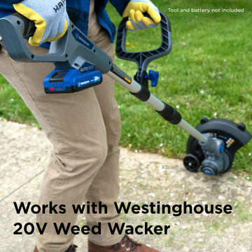 A man using the Westinghouse 20V string trimmer and edger on the edge of a sidewalk. Black text along the bottom of the image reads "works with Westinghouse 20V Weed Wacker". Text in the upper right corner reads "Tool and battery not included".