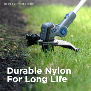 Close up of the Westinghouse 20V string trimmer and edger being used to trim the edge of a yard. White text along the bottom reads "Durable nylon for long life". Small text along the top reads "Tool and battery not included".