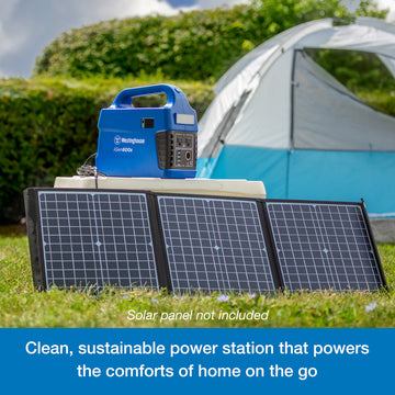 Westinghouse | iGen600s Portable Power Station sits atop a cooler. Leaning against the cooler are three solar panels that are plugged into the power station. A blue banner at the bottom reads, "Clean, sustainable power station that powers the comforts of home on the go".
