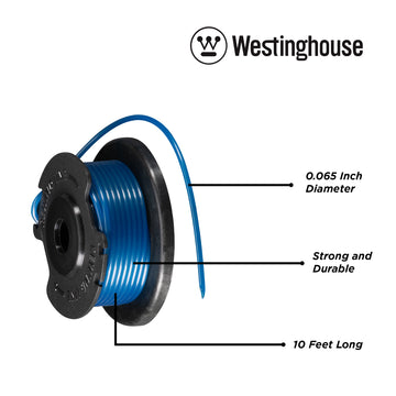 Westinghouse 20V .065 string trimmer line on a white background with the Westinghouse logo along the top. Black lines pointing to the string trimmer line highlight the features "0.065 inch diameter, strong and durable, and 10 feet long".