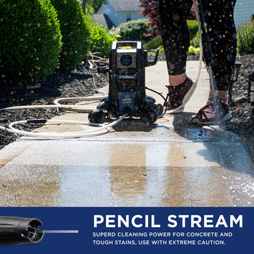 Westinghouse | ePX2000 shown spraying sidewalk with a blue bar at the bottom reading: pencil stream superb cleaning power for concrete and tough stains, use with extreme caution