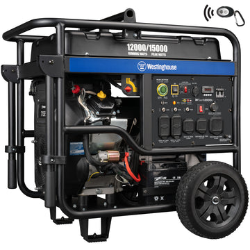 Westinghouse | WGen12000c portable generator shown at an angle on a white background 