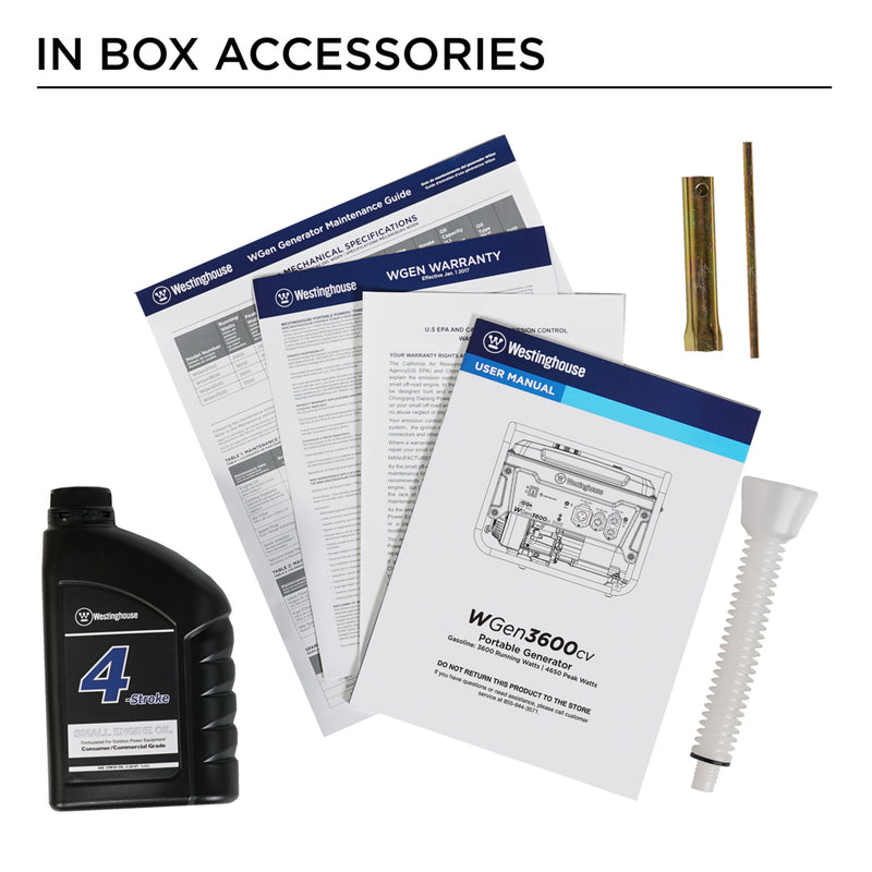 Westinghouse | WGen3600cv portable generator in box accessories: oil bottle, oil funnel, tools, manual, warranty sheet, quick start guide 