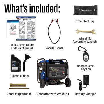 Westinghouse | ecoGen10000 portable inverter generator with co sensor in box accessories: documents, parallel cords, small tool bag, wheel kit assembly wrench, oil and funnel, remote start key fob, wheel kit, spark plug wrench, battery charger