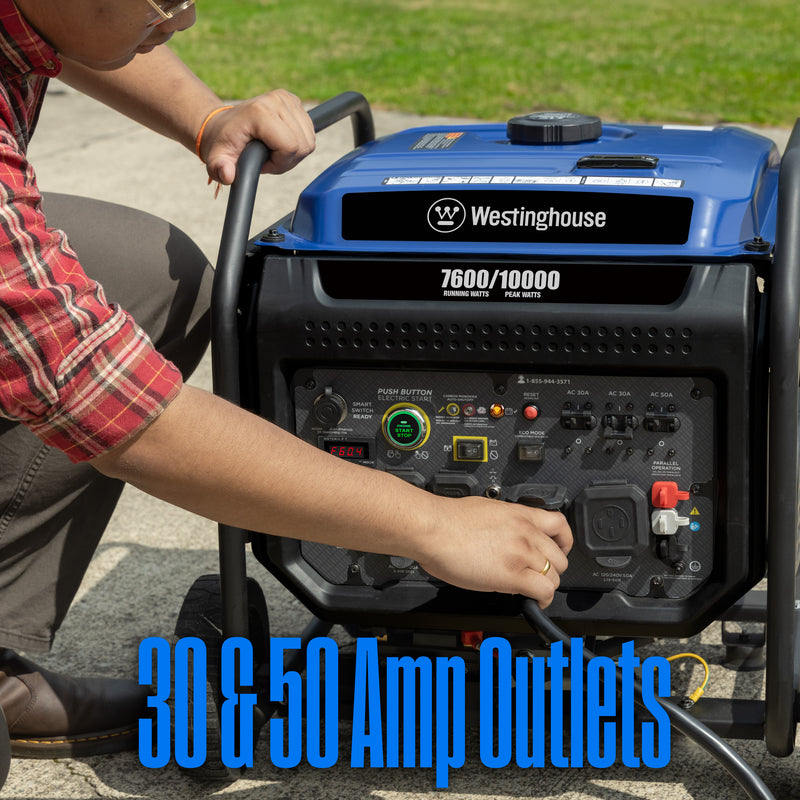 Westinghouse | ecoGen10000 portable inverter generator with co sensor a guy plugging a cord into the generator