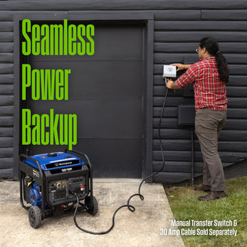 Westinghouse | ecoGen10000 portable inverter generator with co sensor shown outside someones house while being plugged into the westinghouse manual transfer switch with words on the image saying: seamless power backup - *manual transfer switch and 30A cable sold seperately