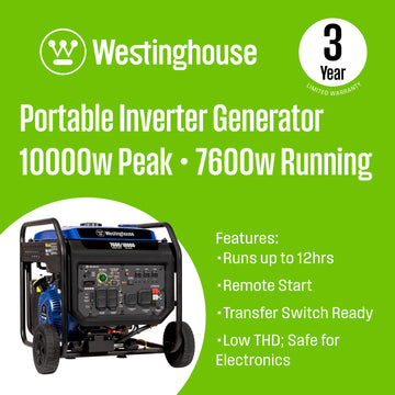 Westinghouse | ecoGen10000 portable inverter generator with co sensor shown on a corner of the image with words on the rest of the image that say: 10000 peak watts, 7600 running watts - features: runs up to 12 hrs, remote start, transfer switch ready, low THD; safe for electronics and 3 year limited warranty