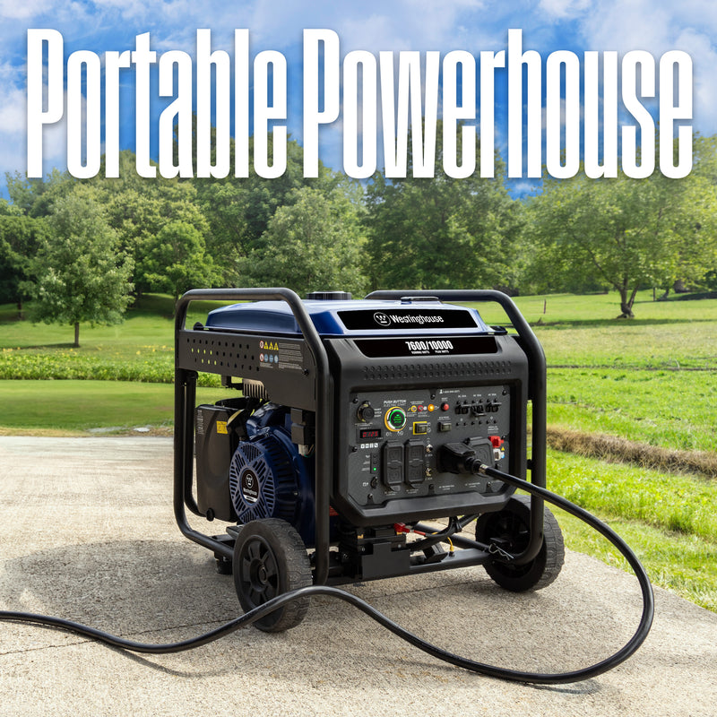 Westinghouse | ecoGen10000 portable inverter generator with co sensor shown with a cord being plugged into the generator with words at the top of the image saying: portable powerhouse