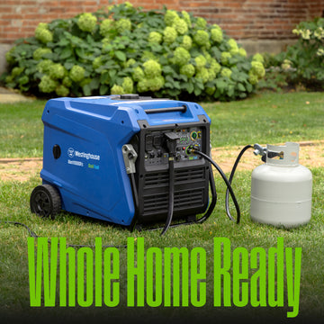 Westinghouse | iGen11000DFc dual fuel portable inverter generator with co sensor shown in front of a house with a propane tank hooked up to it with words at the bottom saying: whole home ready