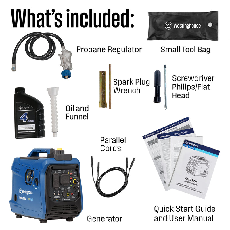 Westinghouse | iGen2550DFc dual fuel portable inverter generator in box accessories: propane regulator, small tool bag, oil and funnel, spark plug wrench, screwdriver phiips/flat head, parallel cords, documents