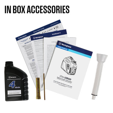 Westinghouse | iGen2800 portable inverter generator accessories showing a bottle of oil, tools, oil funnel and documents