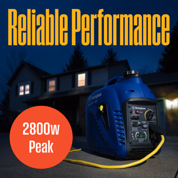 Westinghouse | iGen2800 portable inverter generator shown sitting in a driveway at night with words saying: reliable performance and 2800 peak watts