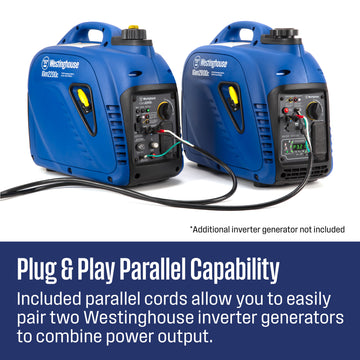 Westinghouse | iGen2800c portable inverter generator shown being paralleled with another westinghouse inverter generator with words at the bottom of the image saying: *additional inverter generator not included - plug and play parallel capability: included parallel cords allow you to easily pair two westinghouse inverter generators to combine power output