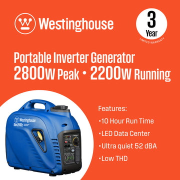 Westinghouse | iGen2800c portable inverter generator shown on the bottom corner of the image with words on the rest of the image saying: 2800 peak watts, 2200 running watts - Features: 10 hrs of runtime, low THD, ultra quiet 52 dBa and LED data center