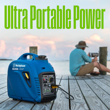 Westinghouse | iGen2800c portable inverter generator shown sitting on a dock while someone uses a power tool that is plugged into the generator with words at the top of the image saying: ultra portable power