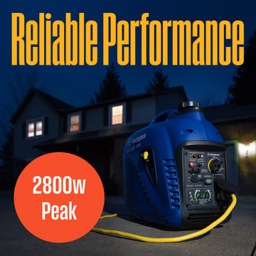 Westinghouse | iGen2800c portable inverter generator shown sitting in a driveway at night with words saying: reliable performance and 2800 peak watts