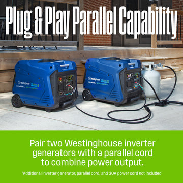 Westinghouse | iGen4500DFcv dual fuel portable inverter generator with co sensor shown being paralleled with another westinghouse inverter generator outside of a house with words on the image that say: plug and play parallel capability - pair two westinghouse inverter generators with a parallel cord to combine power output - *additional inverter generator, parallel cord, and 30A power cord not included