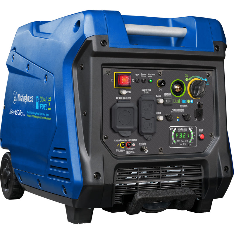 Westinghouse | iGen4500DFcv dual fuel portable inverter generator with co sensor shown at an angle on a white background
