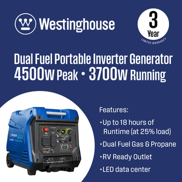 Westinghouse | iGen4500DFcv dual fuel portable inverter generator with co sensor shown on the bottom corner of the image with words across the rest saying: 3 year limited warranty, 4500 peak watts, 3700 running watts. features: up to 18 hours of runtime (at 25% load), dual fuel gas and propane, rv ready outlet and led data center