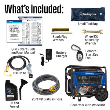 Westinghouse | WGen10500TFc tri fuel portable generator in box accessories: Manual, warranty, quick start guide, LPG Hose, NG hose, oil bottle, oil funnel, spark plug wrench, wheel kit assembly wrench, small tool bag, remote, and battery float charger.
