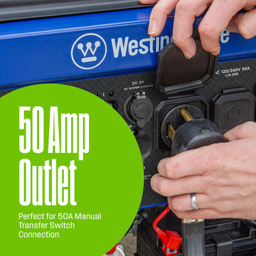 Westinghouse | WGen10500TFc Tri Fuel Portable Generator shown as a close up image of the 50A outlet having a cord being plugged into it with words on the image saying: 50A outlet, perfect for 50A manual transfer switch connection