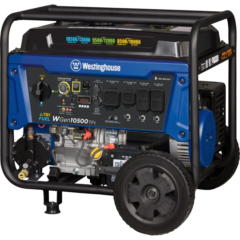 Westinghouse | WGen10500TFc tri fuel portable generator with co sensor front left view shown on a white background