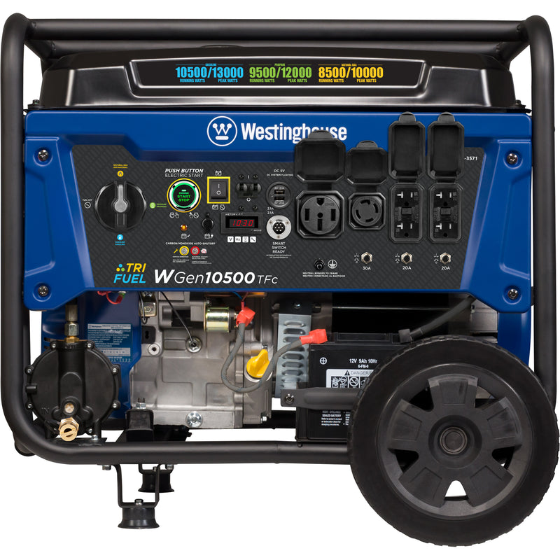Westinghouse | WGen10500TFc tri fuel portable generator with co sensor front view shown on a white background
