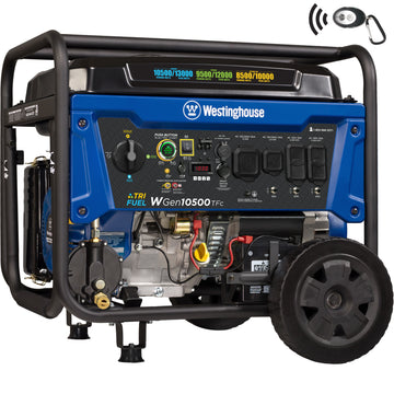 Westinghouse | WGen10500TFc Tri Fuel Portable Generator shown at an angle on a white background