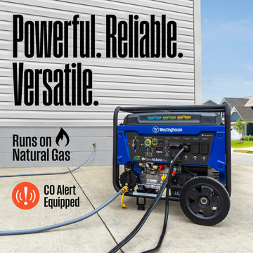 Westinghouse | WGen10500TFc Tri Fuel Portable Generator shown outside of a house hooked up to the natural gas line with two cords plugged into it with words saying: powerful, Reliable versatile, runs on natural gas, and CO alert equipped
