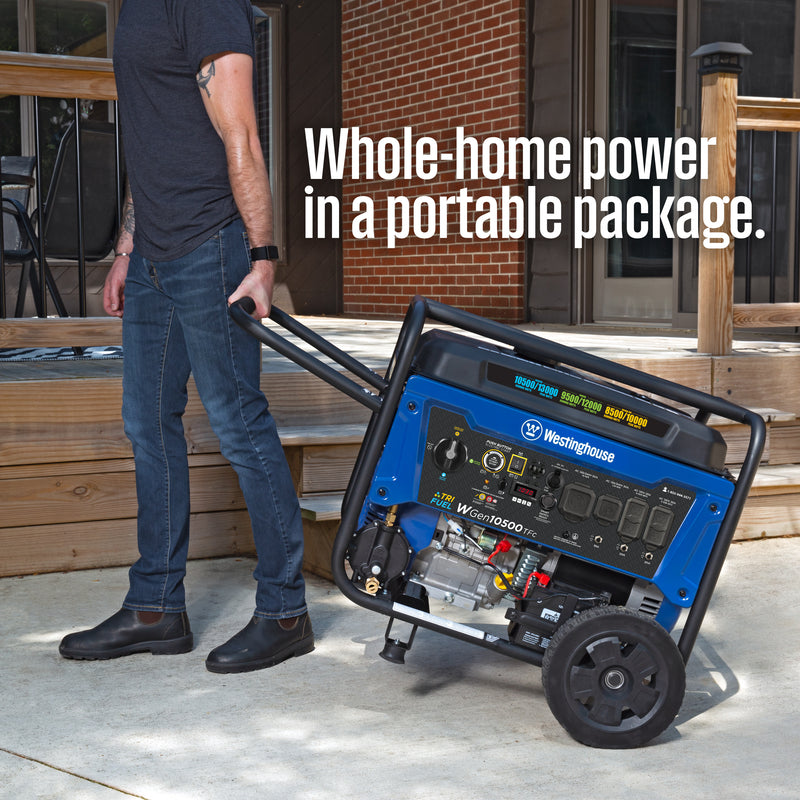 Westinghouse | WGen10500TFc Tri Fuel Portable Generator shown being pulled outside of a house with words saying: whole-home power in a portable package