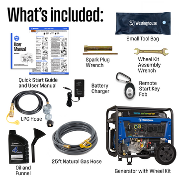 Westinghouse | WGen11500TFc tri fuel portable generator in box accessories: Manual, warranty, quick start guide, LPG Hose, NG hose, oil bottle, oil funnel, spark plug wrench, wheel kit assembly wrench, small tool bag, remote, and battery float charger.