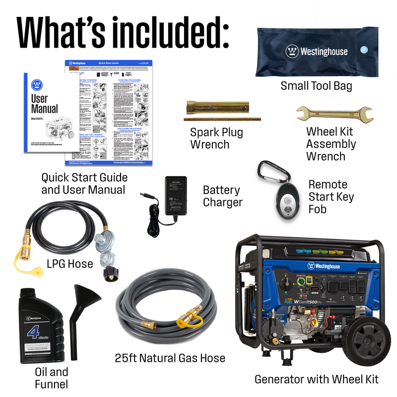 Westinghouse | WGen11500TFc tri fuel portable generator in box accessories: Manual, warranty, quick start guide, LPG Hose, NG hose, oil bottle, oil funnel, spark plug wrench, wheel kit assembly wrench, small tool bag, remote, and battery float charger.