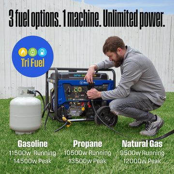 Westinghouse | WGen11500TFc tri fuel portable generator with co sensor shown in front of a fence with someone plugging a cord into the generator. There are words on the image saying: 3 fuel options, one machine, unlimited power. tri fuel. gasoline, 11500 running watts, 14500 peak watts. propane 10500 running watts, 13500 peak watts and natural gas 9500 running watts and 12000 peak watts
