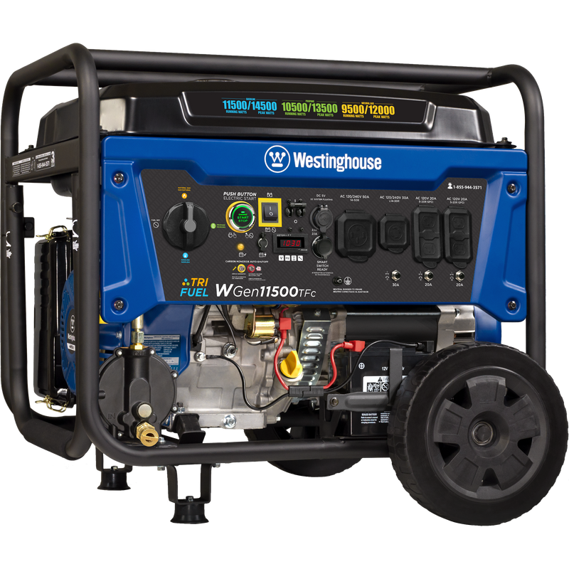 Westinghouse | WGen11500TFc portable generator with co sensor shown at an angle on a white background