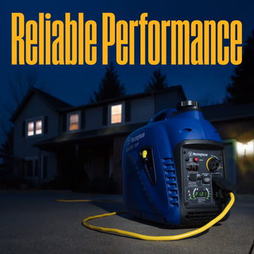 Westinghouse | iGen2500 portable inverter generator shown sitting in a driveway at night with words saying: reliable performance