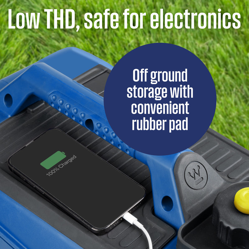 Westinghouse | iGen2550DFc dual fuel portable inverter generator with co sensor showing a phone sitting on the storage pad with words on the image saying: low THD safe for electronics, off the ground storage with convenient rubber pad 
