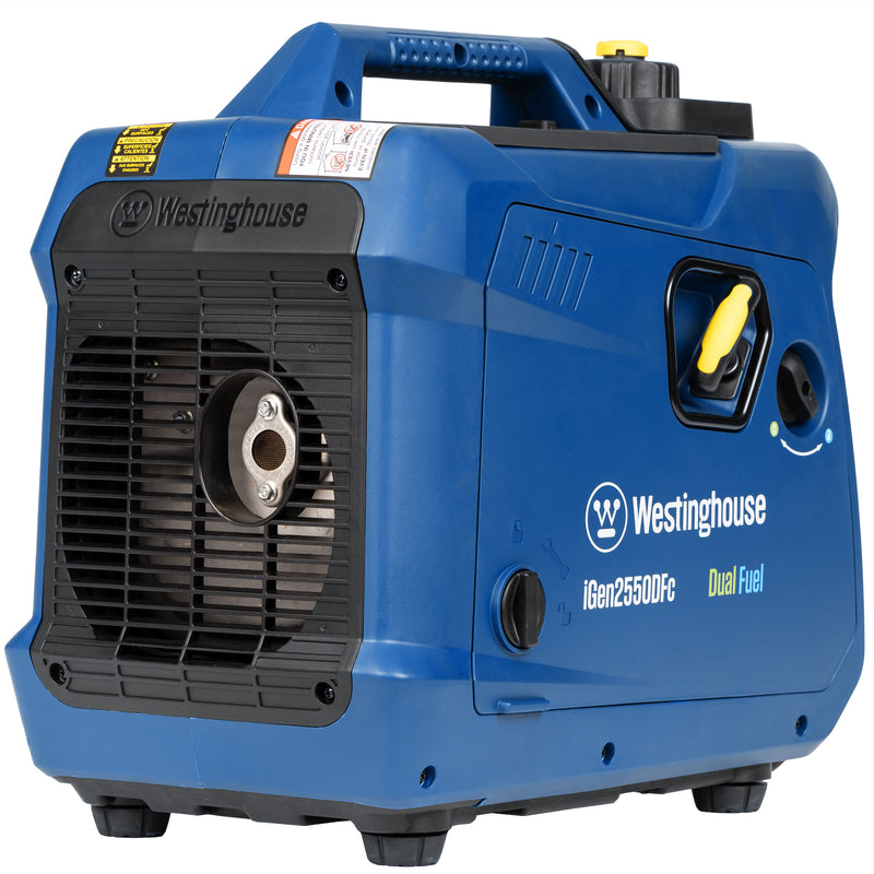 Westinghouse | iGen2550DFc dual fuel portable inverter generator with co sensor rear right view shown on a white background