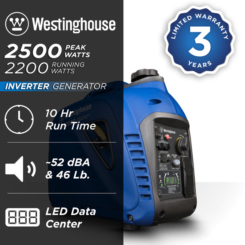Westinghouse | iGen2500 portable inverter generator shown on the bottom corner of the image with words on the rest of the image saying: 2500 peak watts, 2200 running watts - Features: 10 hrs of runtime, u52 dBa & 46 LB and LED data center
