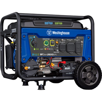 Westinghouse | WGen3600DFc portable generator shown at an angle on a white background.