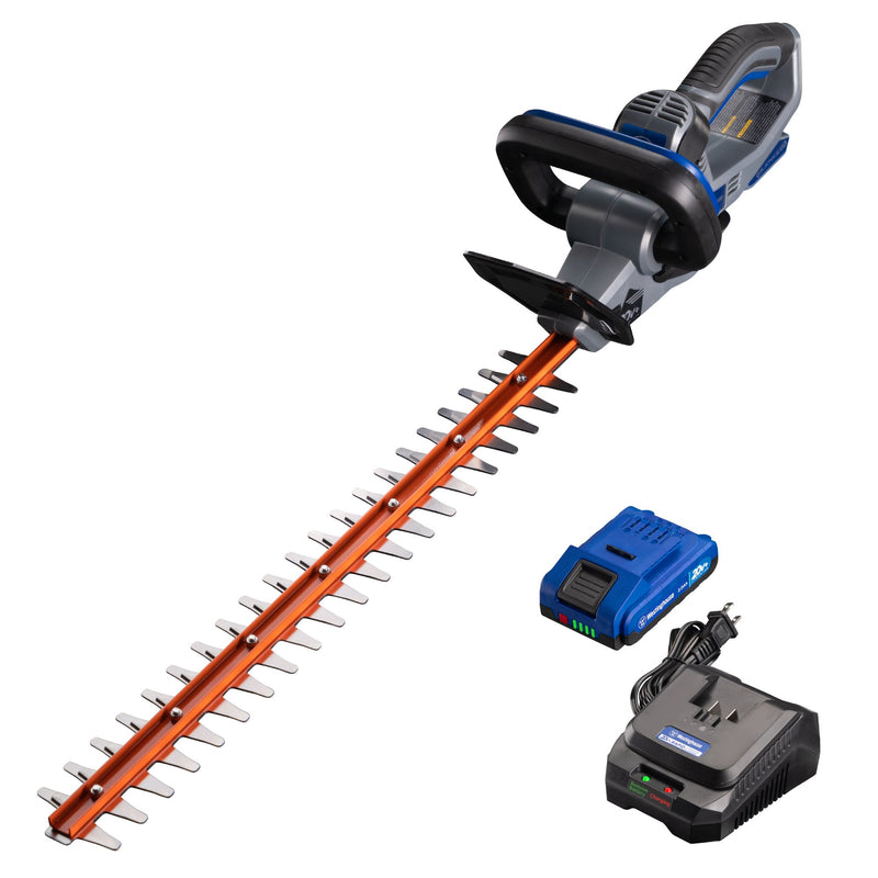 Hedge trimmer and 2 Ah battery and charger on a white background