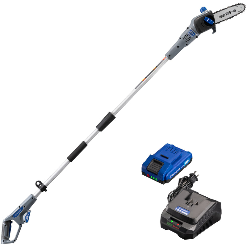 Pole saw and 2 Ah battery and charger on a white background