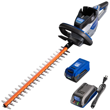 Hedge trimmer and battery and charger on a white background