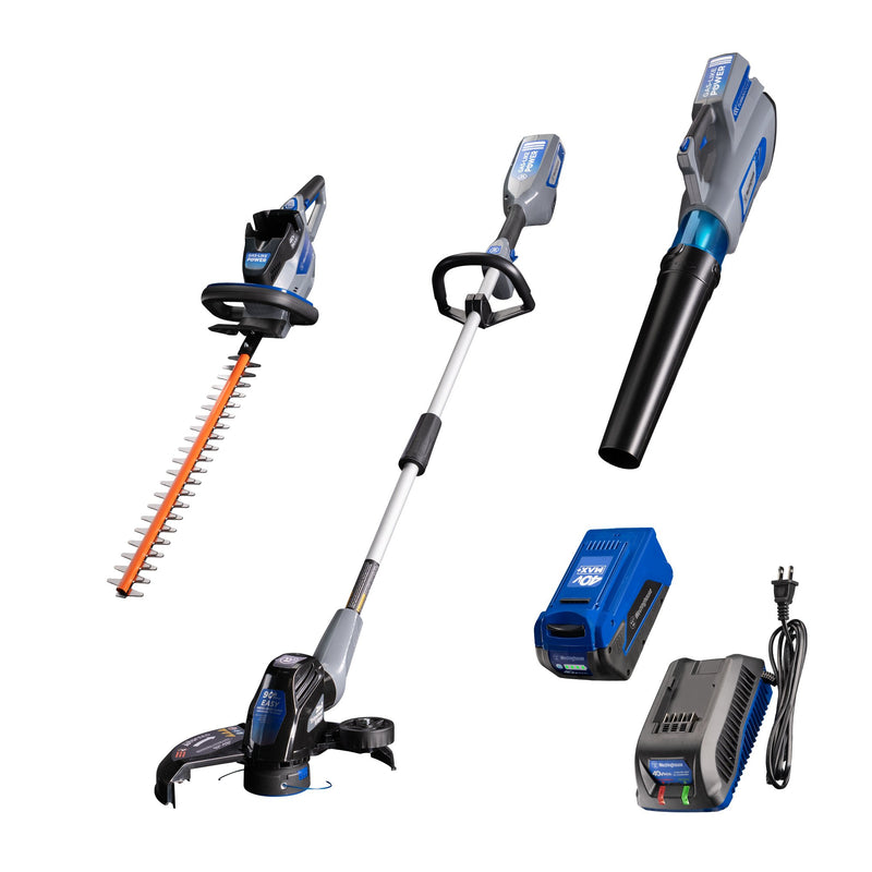 40V hedge trimmer, string trimmer and edger, leaf blower, and battery and charger on a white background